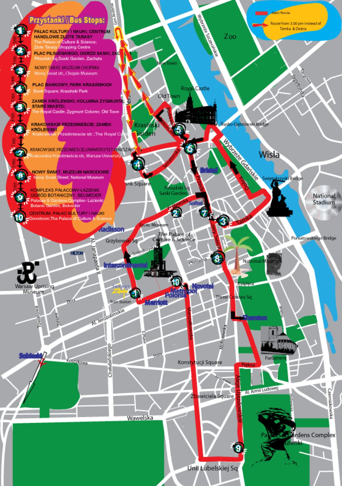 Kaart van de hop-on-hop-offbustour van City Sightseeing in Warschau