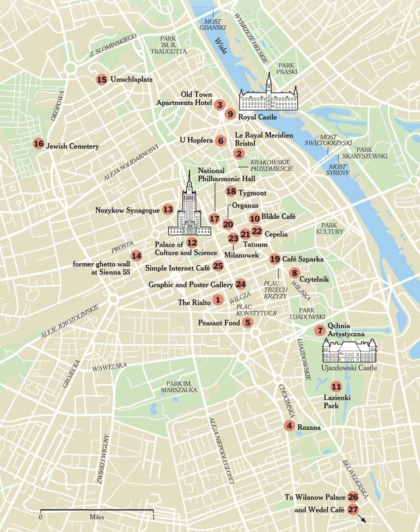 Toeristische kaart van Warschau met bezienswaardigheden, musea, monumenten en attracties