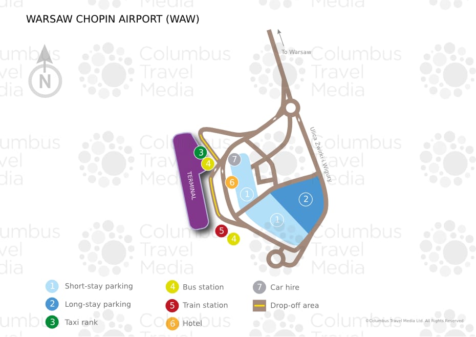 Kaart van luchthaven Warschau Chopin en de terminal (WAW)