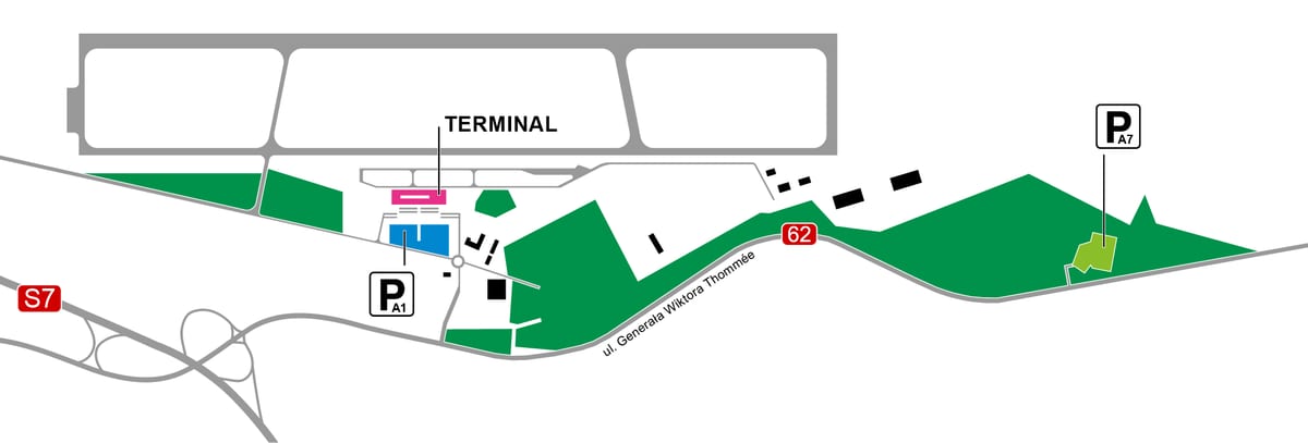 Kaart van luchthaven Warschau Modlin en de terminal (WMI)