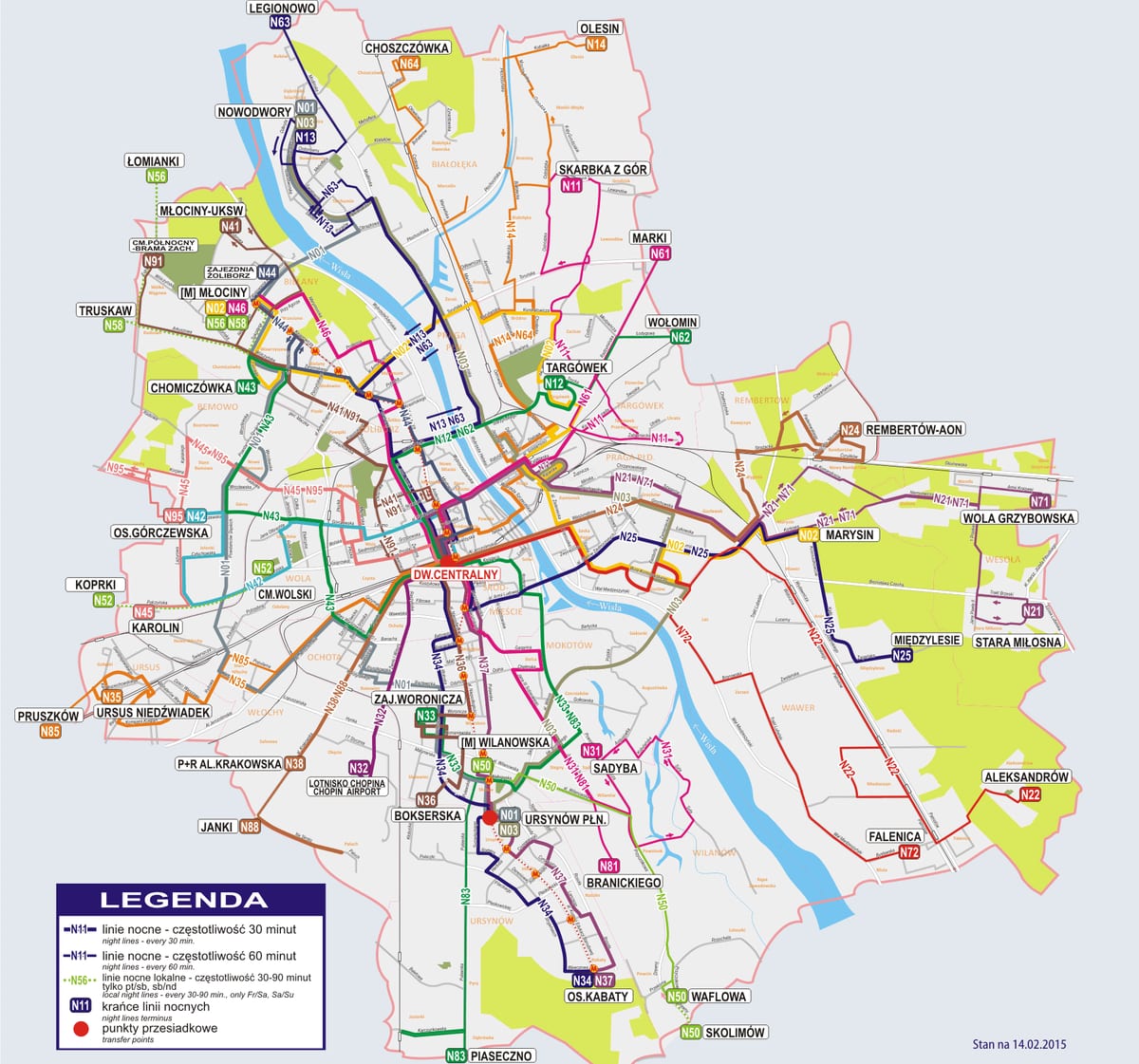 Kaart van het nachtbusnetwerk van Warschau