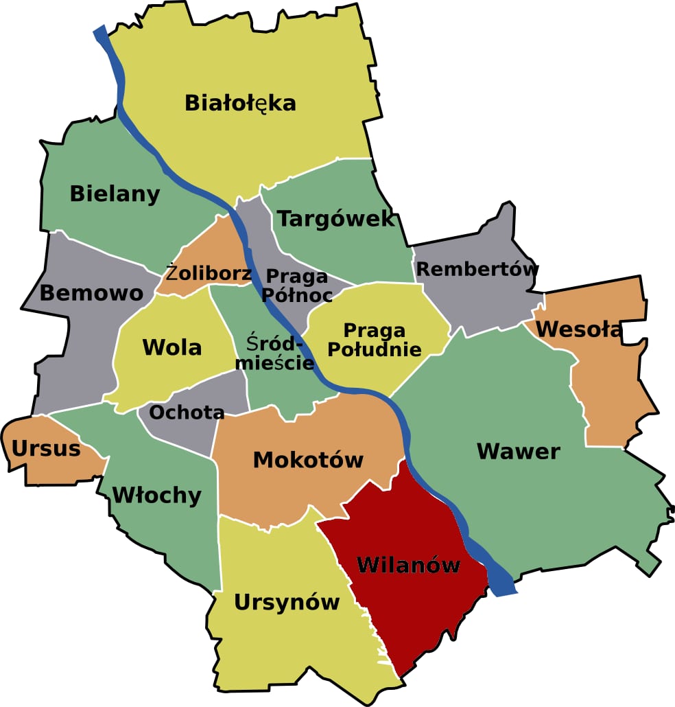 Kaart van de stadsdelen van Warschau