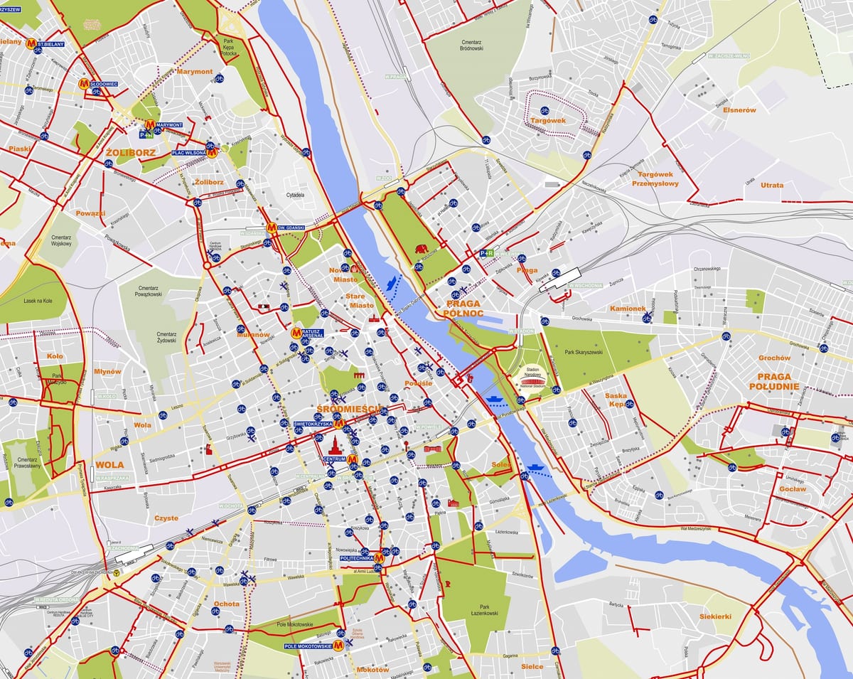 Kaart van de Veturilo-stations in Warschau: fietsstations en fietsverhuur