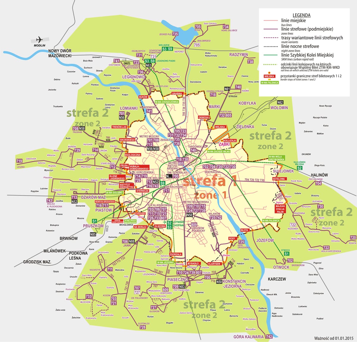 Kaart van het streekbusnetwerk van Warschau