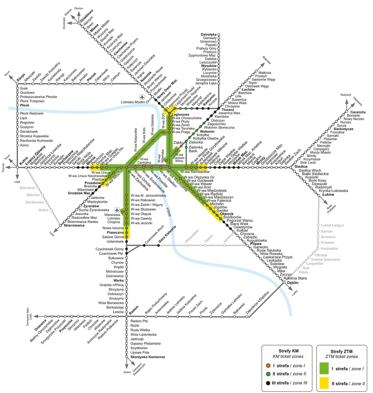 Kaart van het KM-netwerk van Warschau: stads-, forenzen- en voorstadstreinen