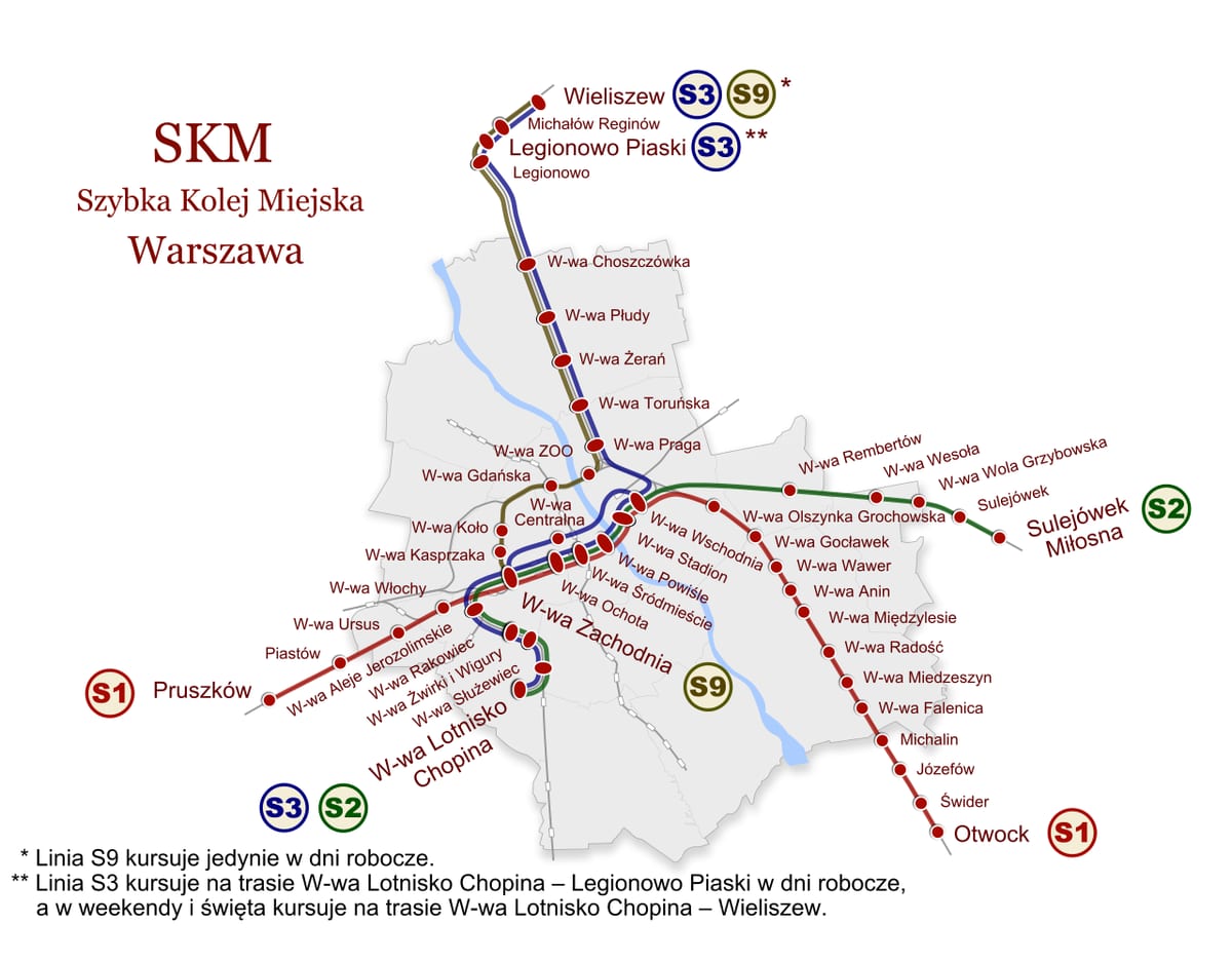Kaart van het SKM-netwerk van Warschau: stads-, forenzen- en voorstadstreinen
